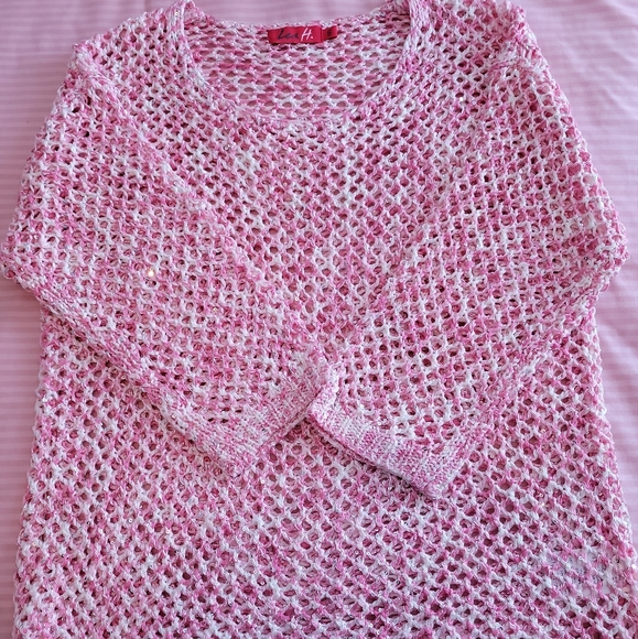 Pink & White Crochet Knit Sweater w/sparkles Size Small loose fit top - Picture 3 of 8